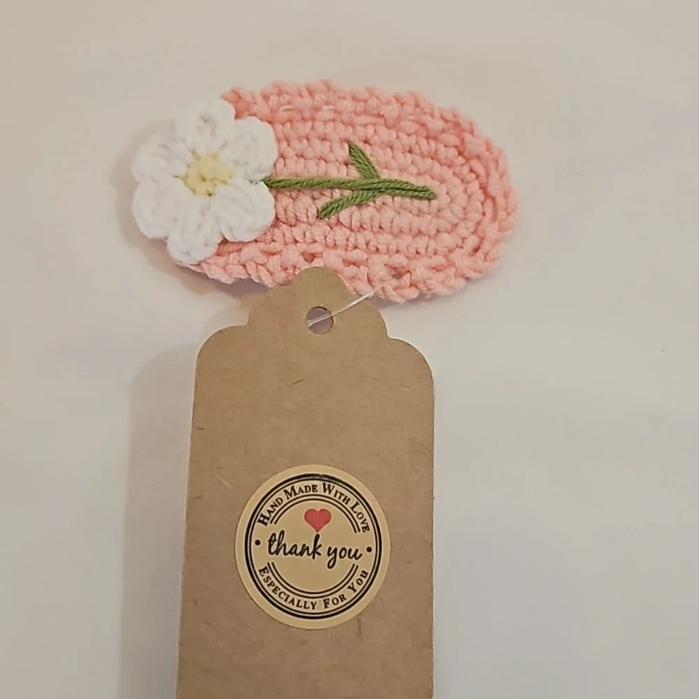 Hand Crafted Crochet Snap Hair Clip Pink and white Flower handmade embroidery